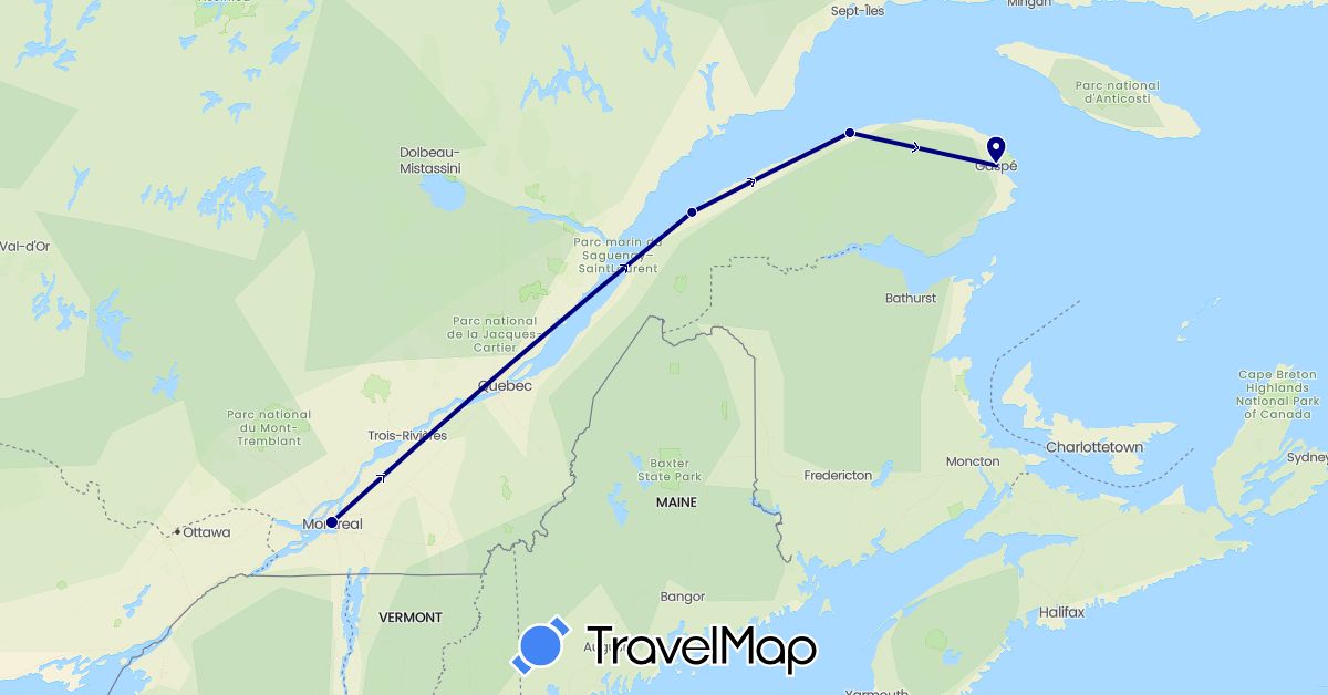 TravelMap itinerary: driving in Canada (North America)